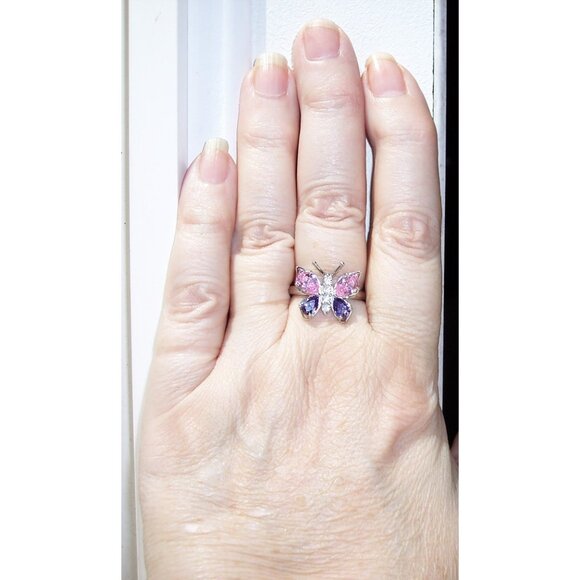 925 STERLING SILVER Simulated Amethyst & Pink Sapphire CZ Butterfly Ring - Picture 2 of 16